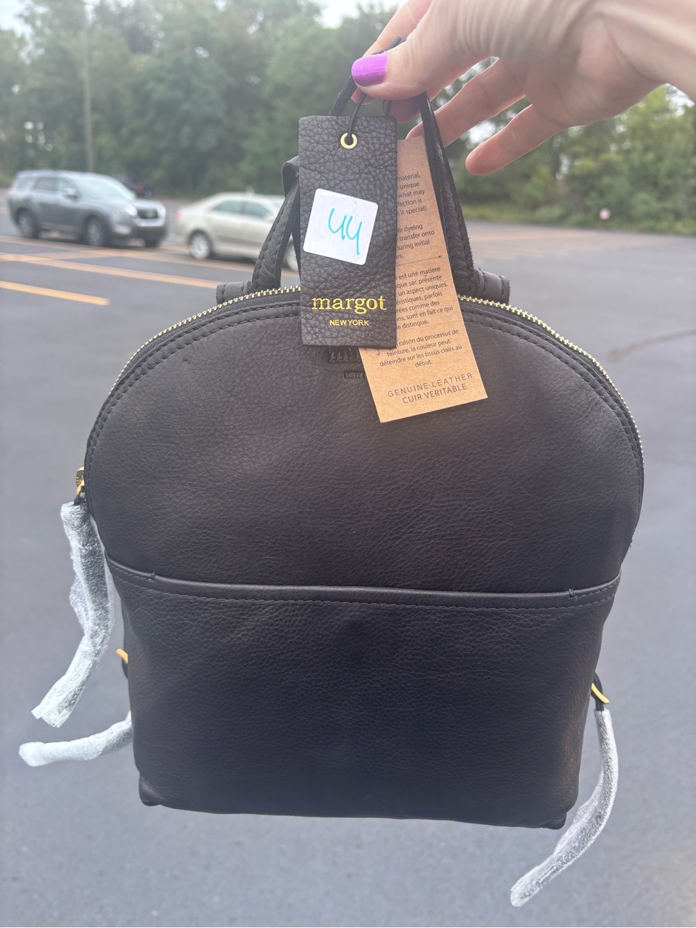 Margot Black Leather Dome Backpack with Gold Hardware